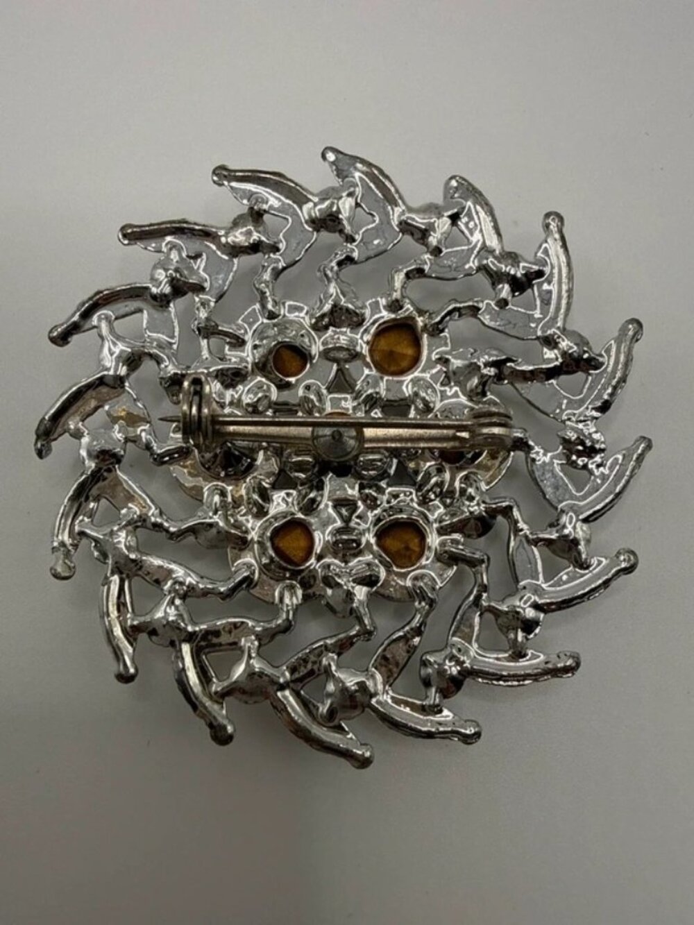 Vintage Style Silver Tone Swirling Swallows Rhinestone Statement Brooch Pin - Picture 3 of 3